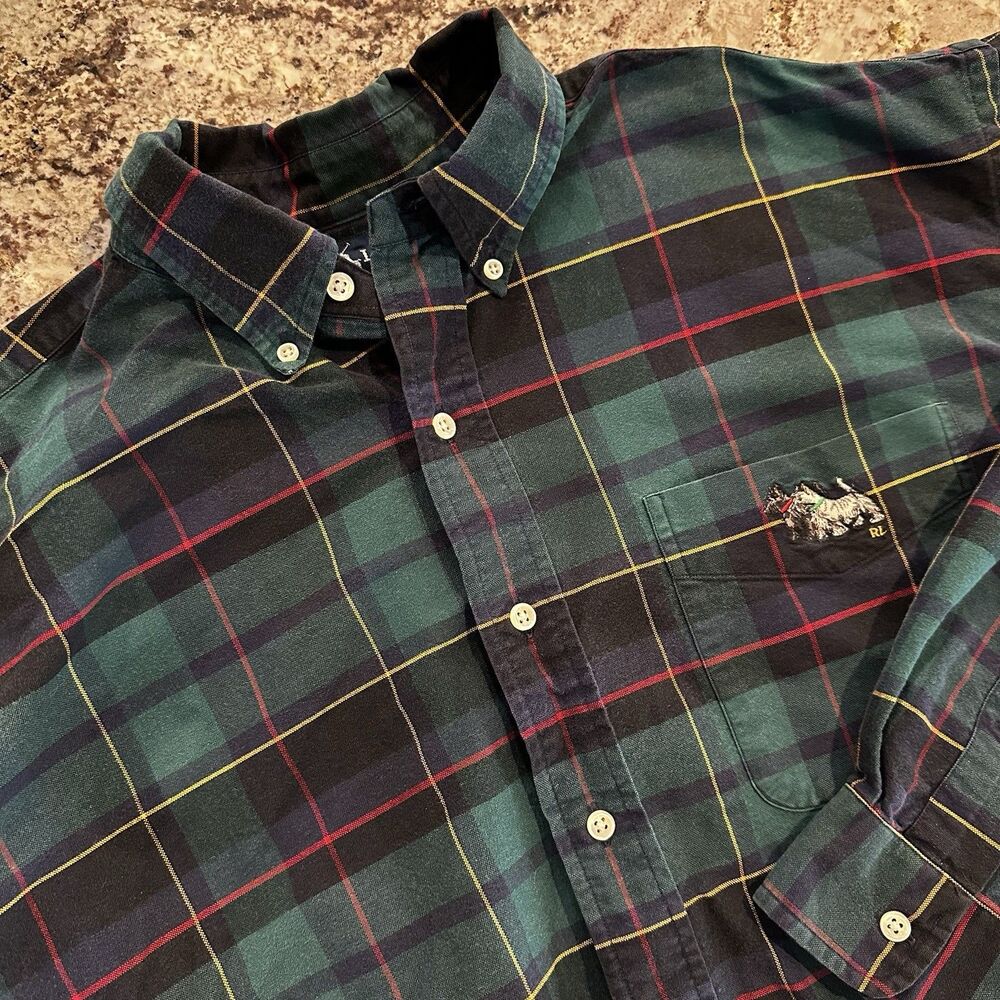 Vintage Ralph Lauren Shirt Mens XL Green Plaid Blake Scottie Dogs Embroidered